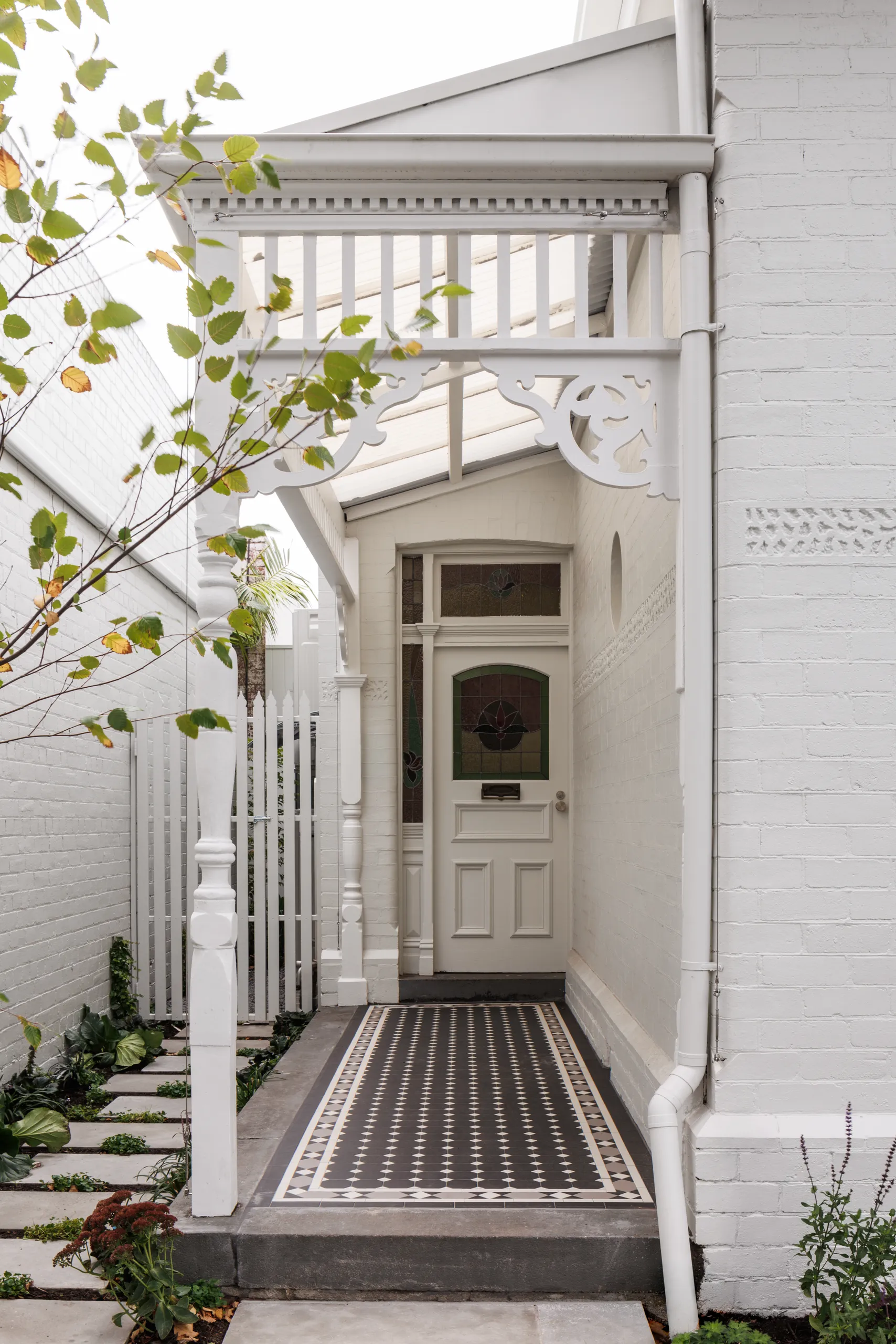 Verandah of the restored Victorian frontage with original tessellated tile path